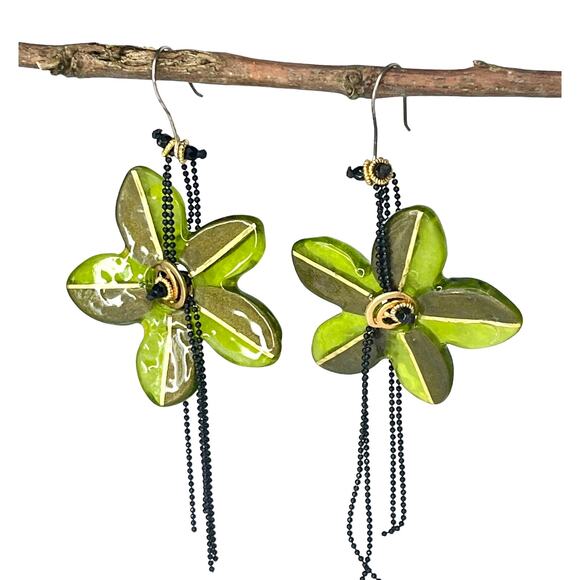 VTG Lalo FLOWER EARRINGS 4" Dangle Drop Green Gold Resin Black Bead Chains - Picture 1 of 6
